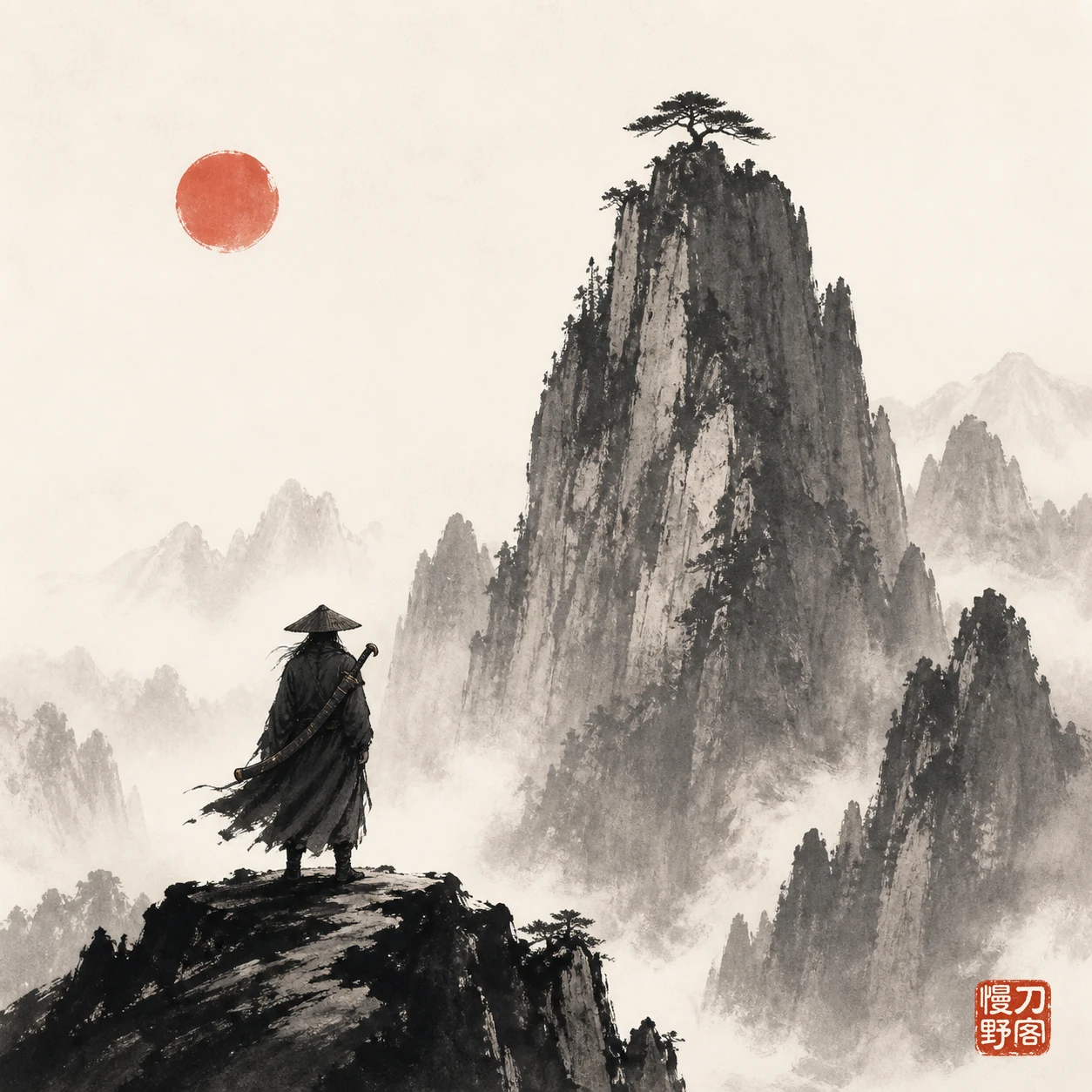 墨色群山间，戴斗笠的行路者立于岩上远望；左上是一轮朱红太阳，右下落有慢刀野客印章。